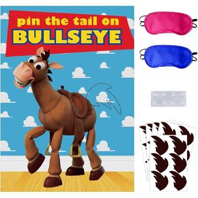 OULUN Toy Inspired Stories Party Supplies, Pin The Tail on The Bullseye Party Game, Large Poster 24PCS Reusable Tail Stickers for Kids Boys Birthday Party, Toys 4th Party Favors