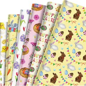 WGOCAUK 12 Sheets Easter Wrapping Paper, 20x27in Bunny Carrots Butterfly Flower Chicken Eggs Patterns Gift Wrap Paper for Spring Easter Party Favor Gift Wrapping Art Crafts Supplies