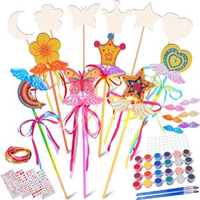 Princess Wand Set, 12 Magic Fairy Wands DIY Kit Wooden Fairy Wands with Gem Stickers, Colorful Ribbons, Paints, Wings, Dot Glues DIY Crafts Art Projects Gifts for Girls Cosplay Party