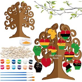 Black History Month Trees Wooden Craft Kits - Make Your Own DIY African American Heart Trees Decorations, Unfinished Wooden Black History Craft Ornaments for Kids Home School DIY Art Project (12 Pack)