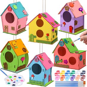 Colingmill 6 Pcs DIY Bird House Wooden Kits for Kids to Paint and Built Unfinished Wood Birdhouse Art Crafts with Paints and Brushes for Kids Girls Boys Toddlers Gifts