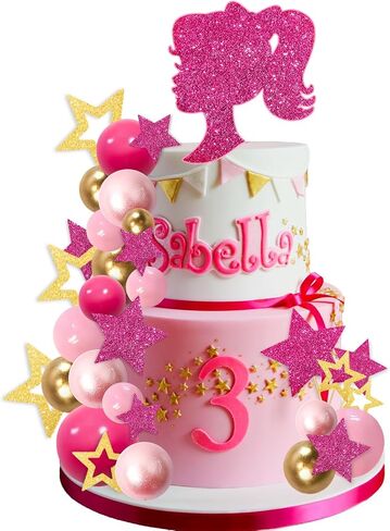Memovan Hot Pink Girl Cake Toppers 36pcs ball cake decorations with hot pink gold balls shyny stars for Boho Girl Hot Pink Princess form in Kuwait