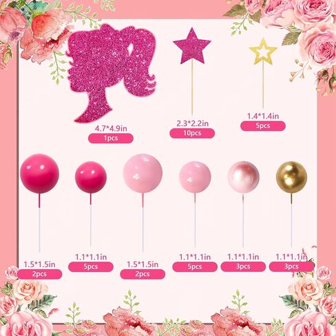 Memovan Hot Pink Girl Cake Toppers 36pcs ball cake decorations with hot pink gold balls shyny stars for Boho Girl Hot Pink Princess form in Kuwait