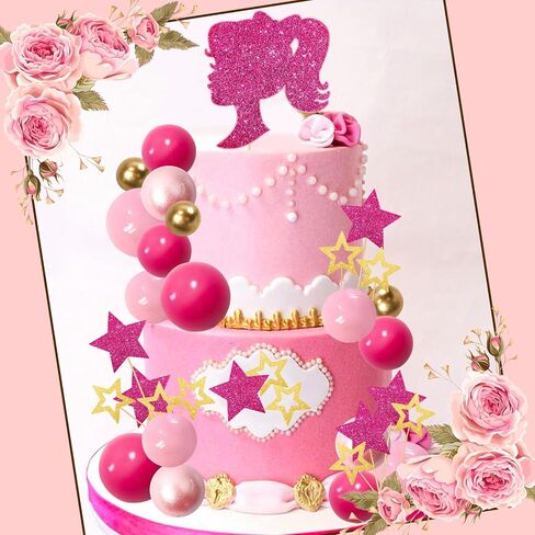 Memovan Hot Pink Girl Cake Toppers 36pcs ball cake decorations with hot pink gold balls shyny stars for Boho Girl Hot Pink Princess form in Kuwait