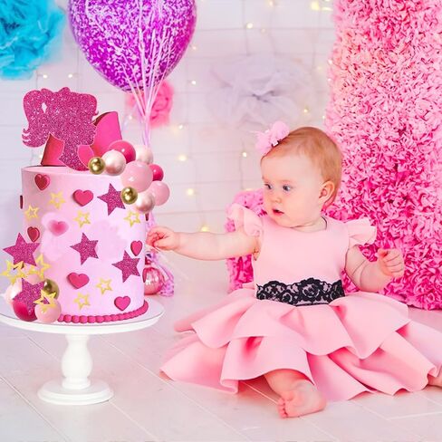 Memovan Hot Pink Girl Cake Toppers 36pcs ball cake decorations with hot pink gold balls shyny stars for Boho Girl Hot Pink Princess form in Kuwait
