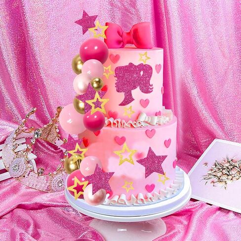 Memovan Hot Pink Girl Cake Toppers 36pcs ball cake decorations with hot pink gold balls shyny stars for Boho Girl Hot Pink Princess form in Kuwait