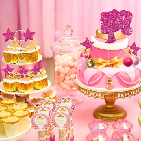 Memovan Hot Pink Girl Cake Toppers 36pcs ball cake decorations with hot pink gold balls shyny stars for Boho Girl Hot Pink Princess form in Kuwait