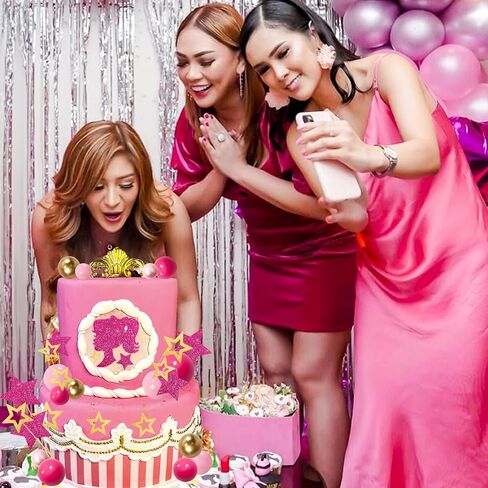 Memovan Hot Pink Girl Cake Toppers 36pcs ball cake decorations with hot pink gold balls shyny stars for Boho Girl Hot Pink Princess form in Kuwait