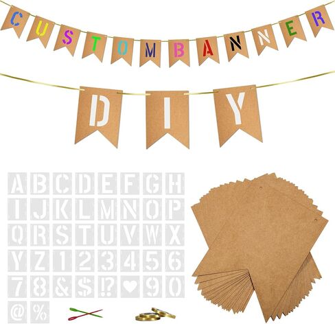 40 PCS Customizable Kraft Banner Set with Letters Stencil, Rustic DIY Party Decorations, Black Blank Banners Kit for Birthday Events in Saudi Arabia