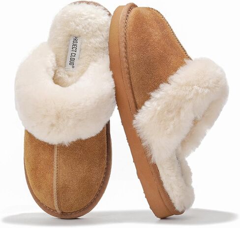 Project Cloud Genuine Leather Fur-Lined Non-Slip Clog Slippers for Women | Memory Foam Insole Indoor Outdoor Mule Shoes - Comfortable House Footwear Womens Slippers - Fur-Lined Cold Weather Essentials in Saudi Arabia