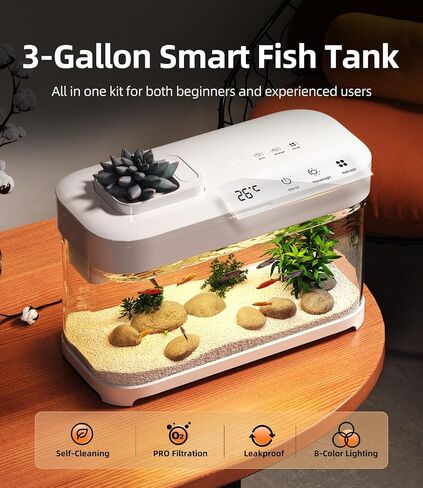 Smart Betta Fish Tank Aquarium 3 Gallon with Temperature Monitor, 3 Stage Filtration, 8 Color Lighting, Self Cleaning Small Beta Tank Kit, Acrylic in Saudi Arabia