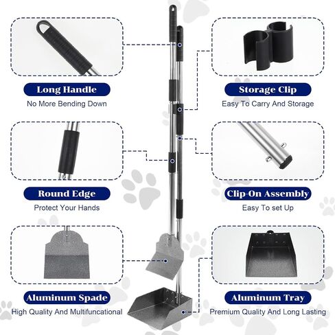 Dog Pooper Scooper Tray Shovel & Rake Kit, Heavy Duty Dog Poop Scooper with Adjustable Metal Long Handle, Portable Large Dog Poop Picker Upper, Walks, Grass & Garden Leaves in Saudi Arabia