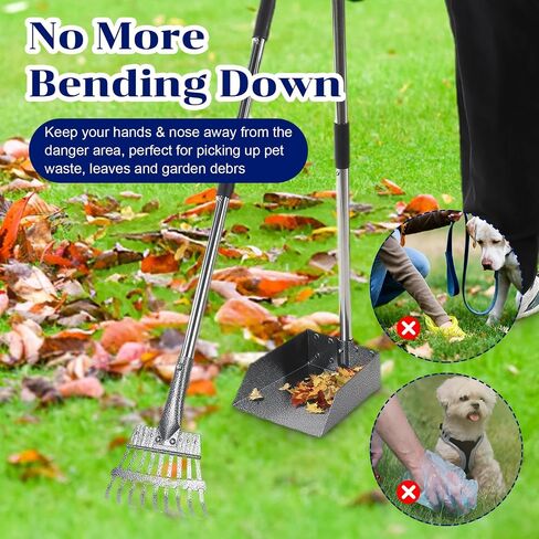Dog Pooper Scooper Tray Shovel & Rake Kit, Heavy Duty Dog Poop Scooper with Adjustable Metal Long Handle, Portable Large Dog Poop Picker Upper, Walks, Grass & Garden Leaves in Saudi Arabia