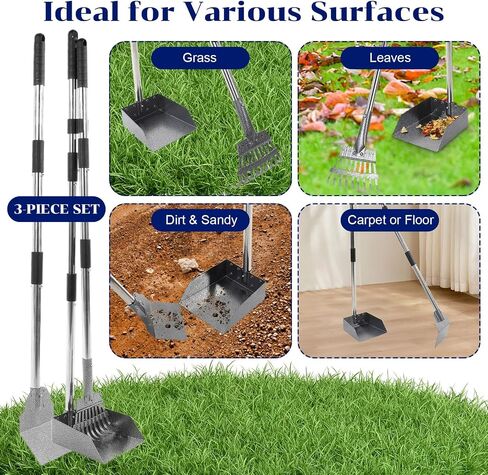 Dog Pooper Scooper Tray Shovel & Rake Kit, Heavy Duty Dog Poop Scooper with Adjustable Metal Long Handle, Portable Large Dog Poop Picker Upper, Walks, Grass & Garden Leaves in Saudi Arabia