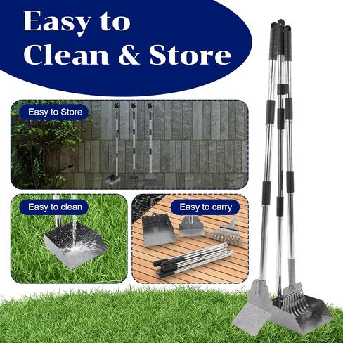 Dog Pooper Scooper Tray Shovel & Rake Kit, Heavy Duty Dog Poop Scooper with Adjustable Metal Long Handle, Portable Large Dog Poop Picker Upper, Walks, Grass & Garden Leaves in Saudi Arabia