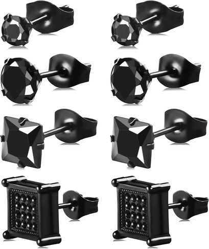 4 Pairs Cubic Zirconia Earrings Studs, Silver Stud Earrings Hypoallergenic Men Earrings Stud Princess Cut Square Earrings for Women Girls Stainless Steel Cartilage Piercing White Gold Earrings Set Men Jewelry in Saudi Arabia