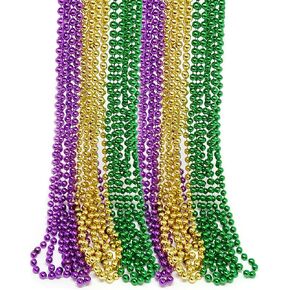 4E's Novelty 24 Pack Purple Green Gold Beads Necklaces, Mardi Gras Beads Bulk Party Supplies Festival Parade Throws Dress Up accessories