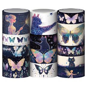 Glitter Washi Tape Set - 14 Rolls Gold Sparkle Adhesive Masking Tapes, 3cm/2cm/1.5cm Wide Butterfly Washi Tapes for Scrapbooking, Bullet Journaling, DIY Crafts, New Year Decor (Fairy & Cat Themes)