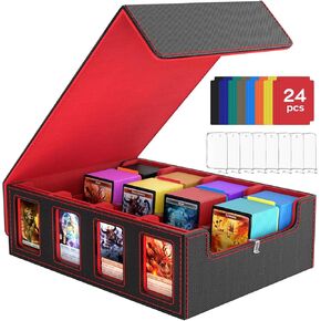 BORISI Trading Card Storage Box, 3000+ MTG Deck Box with 24 Colorful Dividers & 8 Card Supporters, Commander Deck Box with Viewing Windows for Magic Game Cards, YugiOh (Black & Red)