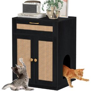 Snughome Cat Litter Box Furniture with Drawer, Cat Litter Box Enclosure with Magnetic Doors, Tall Litter Box Cabinet, Hidden Litter Box 75 LBS Load Capacity with Ventilation (Black)