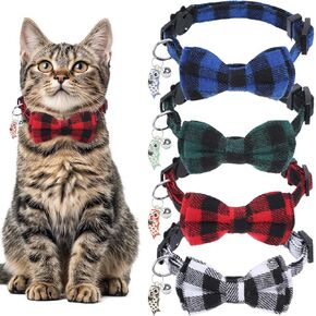 4Pcs Classic Plaid Cat Collars with Bells, Breakaway Kitten Collar, Christmas Bow Tie Kitty Collar with Bowti for Cats, Pet Custome Supplies, Christmas Spirit