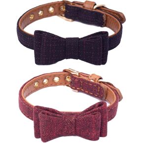 2PCS Cat Collar Bowtie,Kitten Collars with Stylish Plaid Patterns,English Style Leather Cat Collar with Adjustable Length from 8-11in (Red/Purple Blue)