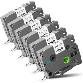6X TZe-231 TZ Tape 12mm 0.47" Laminated White P Touch Label Tape Replace for Brother Label Maker Tape, Compatible with Brother PTouch Label Maker PTD210 H110 D220 D600 D400 D410 2040, Black on White
