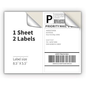 KKBESTPACK Half Sheet Shipping Labels for Laser and Inkjet Printers – 2 Per Page Self Adhesive Mailing Labels for Packages – White 8.5 x 5.5 Postage Labels for Shipping Boxes (1000 Labels) (KK2LP)