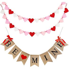 Valentines Decor, Valentines Decorations Burlap Banner, Be Mine Hanging Banner with 28 Pcs Felt Heart Garland