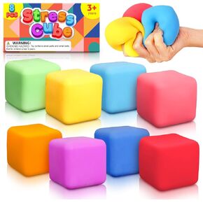 Slow Rising Stress Cube 8 Pack: Stretchy Fidget Toys for Anxiety Relief, Pull Stretch Squishy Toys for Students, Classroom Prize Box Toys, Quiet Fidgets for Classroom (2 Inches)