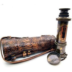 Pirate Brass Telescope, Spyglass Collapsible Monocular Decorative Telescope with Glass Optics for Travel, Hiking, Hunting, Navigation with High Resolution, with Lid and Finish by Black Antique