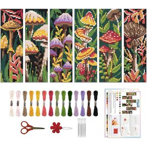 ORIGACH 6 Pcs Cross Stitch Bookmark Kit for Beginner with Backing Felt Floss Instruction Mushroom Plants DIY Stamped Embroidery Bookmark Kit for Starter Adults Book Lovers