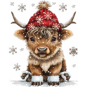 Generic Cute Little Highland Cow with Christmas Hat DIY 11CT Stamped Cross Stitch Kits for Beginners Easy Needlepoint Embroidery Counted Cross Stitch Art Craft for Wall Decoration 14x14inch(1)