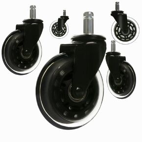 5/pk 3'' Heavy Duty Replacement Roller-Skates Style Rubber Desk Chair Casters Soft PU Office Chair Wheels Set for Save All Types of Flooring Best Protection for Your Floors