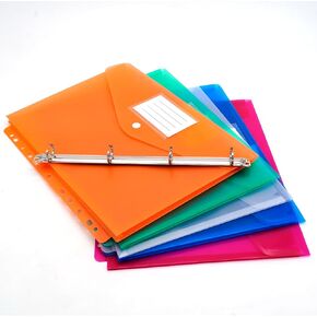 5 Pack Clear Plastic Envelopes Document File Folders with Refillable Ring Binder, A4 Size, with Label Pocket and Snap Button (Multicolored)