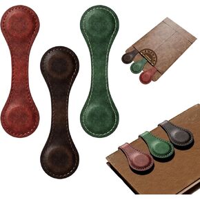 Set of 3 Magnetic Bookmarks, Vintage Genuine Leather Book Marks for Reading, Magnetic Page Clips Book Markers, Best Gift for Book Lovers Reading Men Women Teachers Students(Burgendy+Green+Coffee)