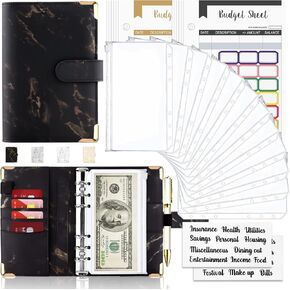 Onlyesh Budget Binder,A6 Binder Budget Book with Cash Envelopes, 28Pcs Budget Binder with Zipper Envelopes, Marble 6-Ring Money Saving Binder