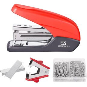 Effortless Stapler 25 Sheets Capacity, Jam Free, 4 in 1 Office Supplies Set with Staple Remover, 100pcs Paper Clips and 1000 Staples for Desk, Home (Red