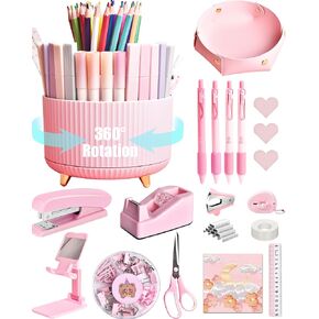 Pink Desk Accessories, 20Pce Pink Office Supplies and 360°Pen Holder Desk Organizers, With Tape Dispenser, Stapler, Staple Remover, Ect, Let the Color Pink Fill Your Desktop