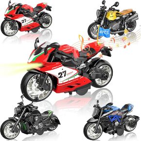 4 Pcs Mini Toy Motorcycle - Pull Back Motorcycle Toys with Sound and Light Motorcycle Toys for Toddler boy or Adult, Toy Gifts for Boys Girls