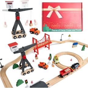 قطار خشبي Wood City Wooden Train For Toddler ، 56 PCS Deluxe Kids Car Toy ل 2 3 4 سنوات من العمر ، مسار قطار ذو طابع شحن مع جسر Tower Crane & Suspension - يناسب Thomas Brio Chuggington Melissa Orbrium