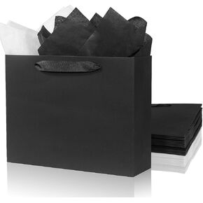6 Pack Medium 10.5" Black Gift Bags with Tissue Papers, Kraft Shopping Bags with Ribbon Handles, Retail Wrapping Bags Set for All Occasions