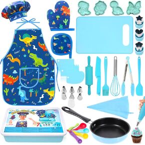 Kids Cooking and Baking Set with Storage Case Complete Cooking Supplies Kids Baking Kit Pretend Play Cooking Toys Dinosaur Apron and Chef Hat for Girls & Boys