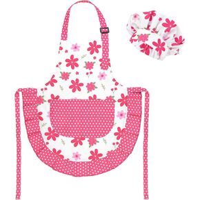 Kids Apron and Chef Hat Set, Cute Pink Flower Apron Adjustable Kids Aprons with 2 Pockets, Kids Cooking Aprons Artist Aprons Kitchen Toddler Aprons for Cooking, Baking, Painting for 3-6 Years