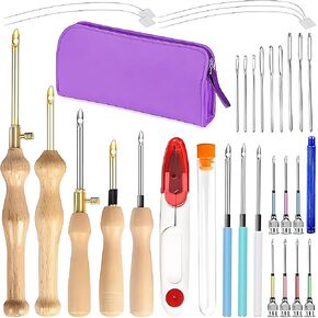 32pcs Punch Eeedle Kit للمبتدئين ، مجموعة تطريز إبرة قابلة للتعديل ، مقبض خشبي مجموعات القلم التطريز ، إبر تطريز كبيرة للبالغين