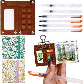 Mini Portable Watercolor Palette Set, Pocket Artist Travel Watercolor Palette Set Wooden Grid Paint Box, Watercolor Paper Pad Sketchbooks Watercolor Brush Pens with Binder Clip for Art Lovers 8 Grid