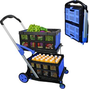 Shopping Cart with 2 Storage Crates, Multi Use Two Tier Collapsible Cart with 360° Rolling Swivel Wheels Heavy Duty Utility Cart Folding Trolley for Shopping, Picnic and Office