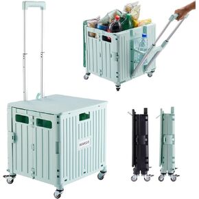 Folding Utility Cart Portable Rolling Crate Handcart Shopping Trolley Collapsible Tool Box, with Lid, on 4 Rotate Wheels, for Grocery, Shopping, Office, Teacher, Camp(Black)