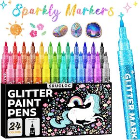 Glitter Markers Pens, 24 Colors Glitter Paint Pens Set Acrylic Sparkle Markers Teen Art Supplies for Scrapbooking, Cards, DIY Crafts, Adults Coloring, Extra-Fine Tip 0.7mm