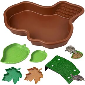 6PCS Tortoise Food and Water Bowl Set with Ramp, Leaf Reptile Dish, Large Tortoise Bowl (12.2 x 9.8 x 2 inches), Great for Feeding, Bathing, Soaking, Tortoise & Sulcata Tortoise Habitat Accessories